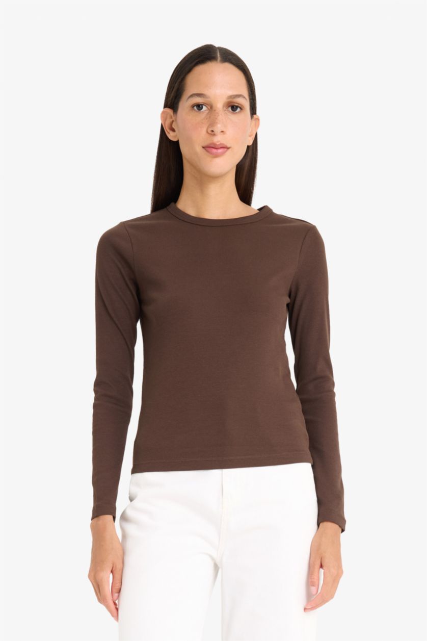 WOMAN Brown Slim Fit Crew Neck Basic Ribbed Camisole T-Shirt