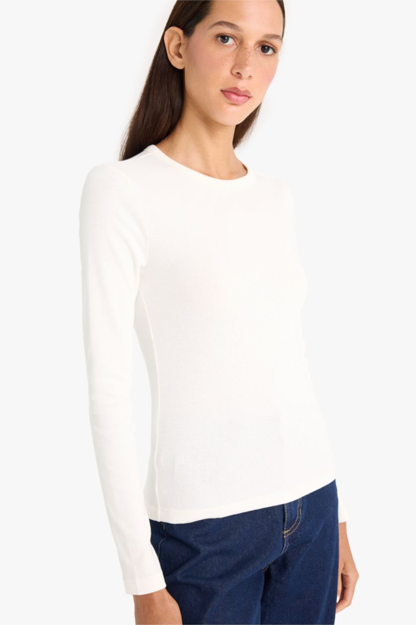 WOMAN Ecru Slim Fit Crew Neck Basic Ribbed Camisole T-Shirt