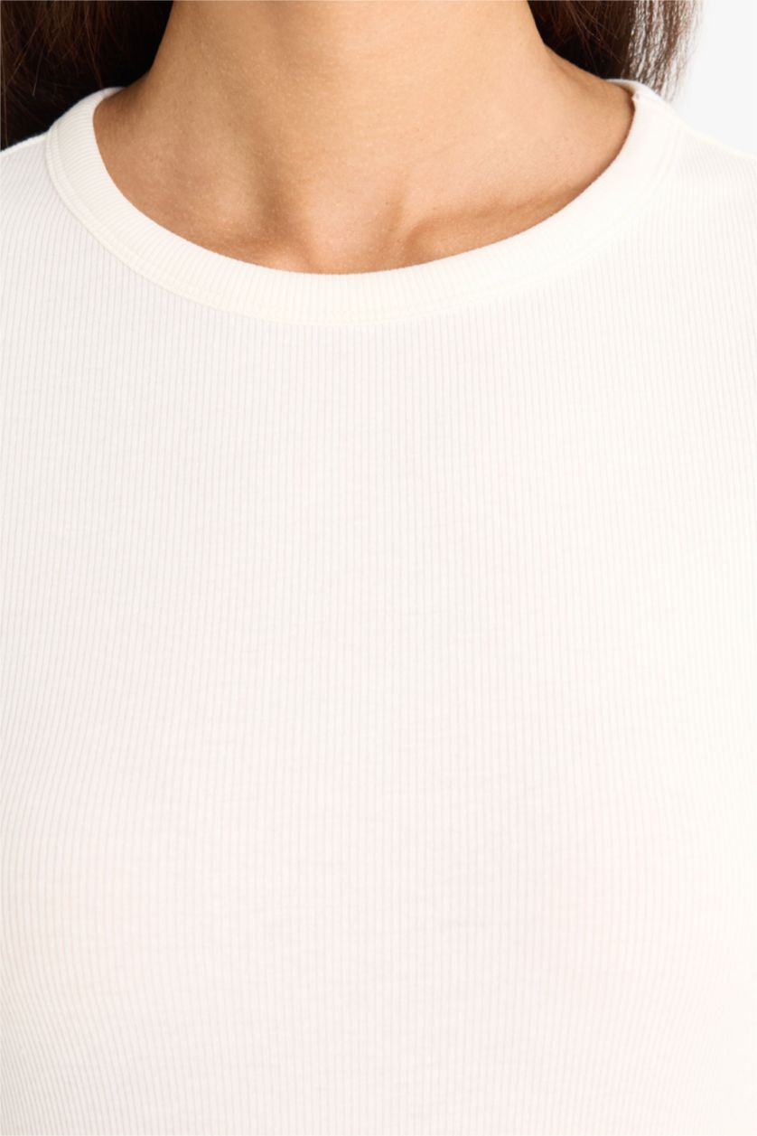 WOMAN Ecru Slim Fit Crew Neck Basic Ribbed Camisole T-Shirt