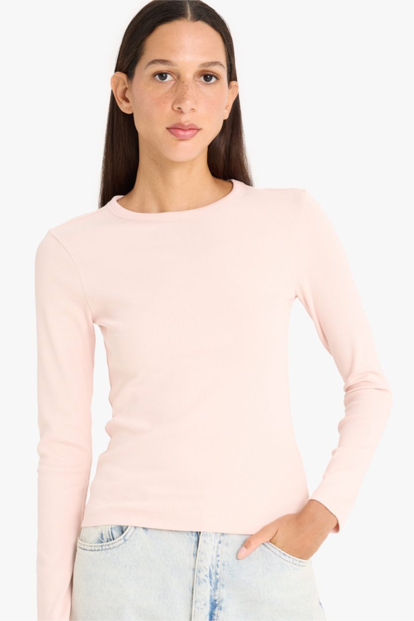 Женщины Светло-розовый Облегающая базовая однотонная футболка с длинным рукавом, круглым вырезом и трикотажем в рубчик