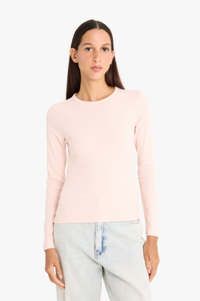 Женщины Светло-розовый Облегающая базовая однотонная футболка с длинным рукавом, круглым вырезом и трикотажем в рубчик