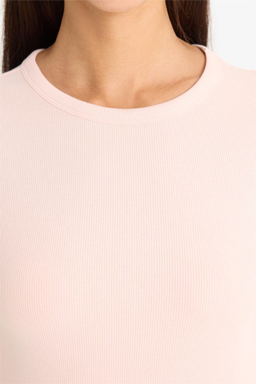 Женщины Светло-розовый Облегающая базовая однотонная футболка с длинным рукавом, круглым вырезом и трикотажем в рубчик