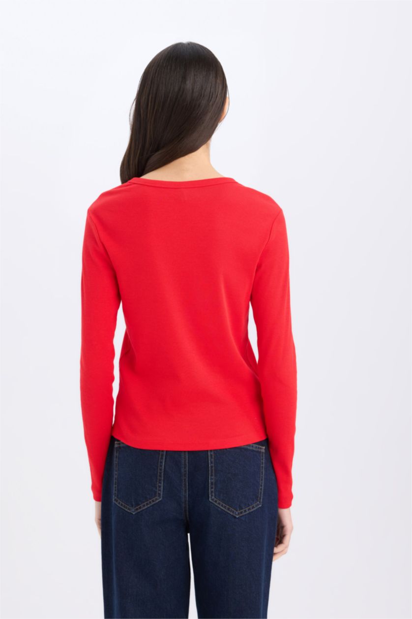 نساء أحمر تيشيرت كاجوال ردن طويل مضلع سليم فيت بياخة مستديرة