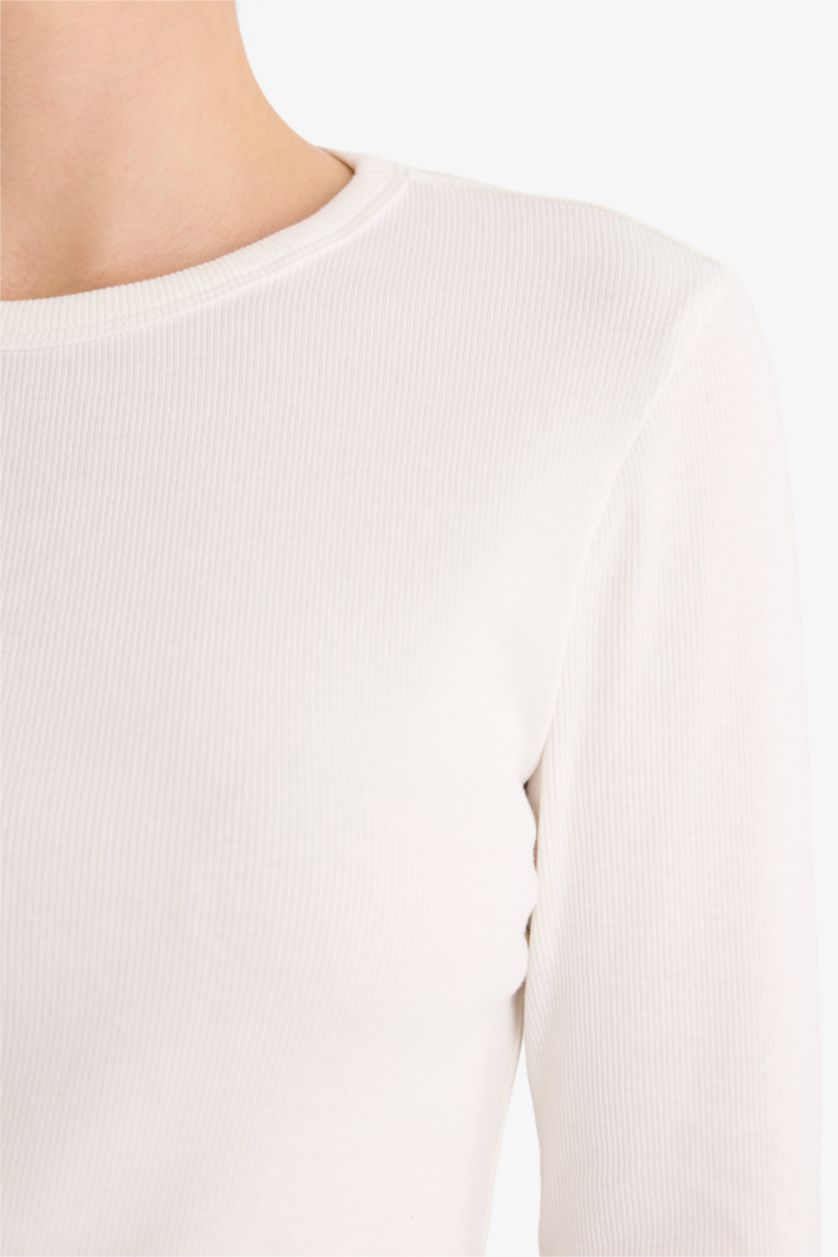 Woman Ecru تيشيرت سادة ردن طويل سليم فيت وياخة مستديرة