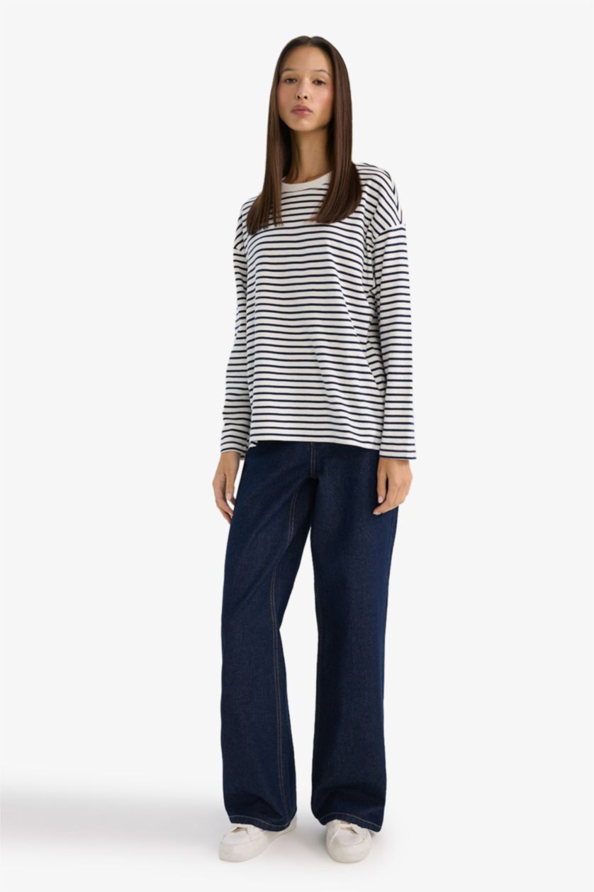 Woman NAVY تيشيرت ردن طويل بريميوم بيزك قصة عادية وياخة مستديرة