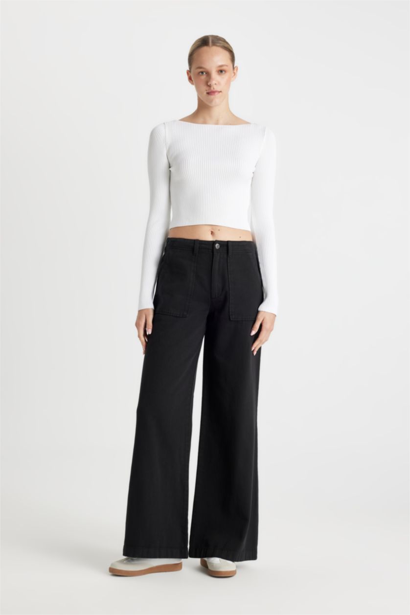 WOMAN Black Wide Leg High Waist Gabardine Trousers