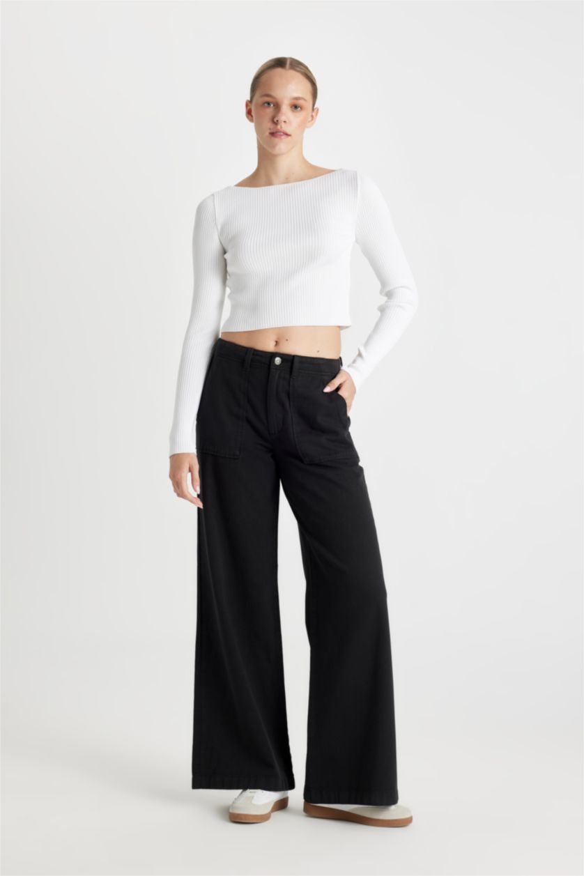 WOMAN Black Wide Leg High Waist Gabardine Trousers