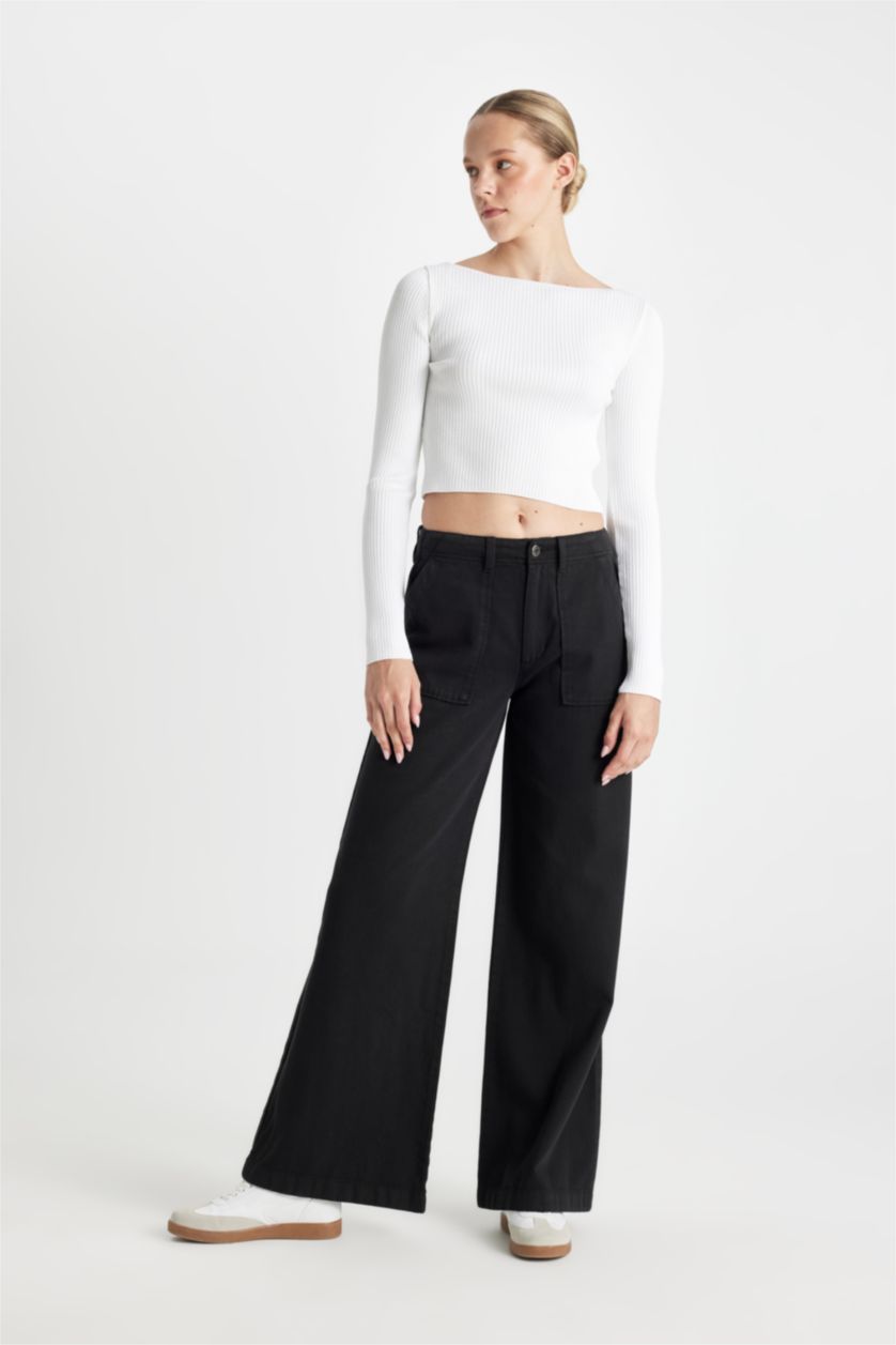 WOMAN Black Wide Leg High Waist Gabardine Trousers