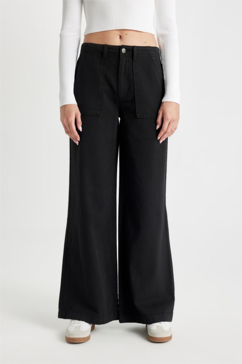 WOMAN Black Wide Leg High Waist Gabardine Trousers