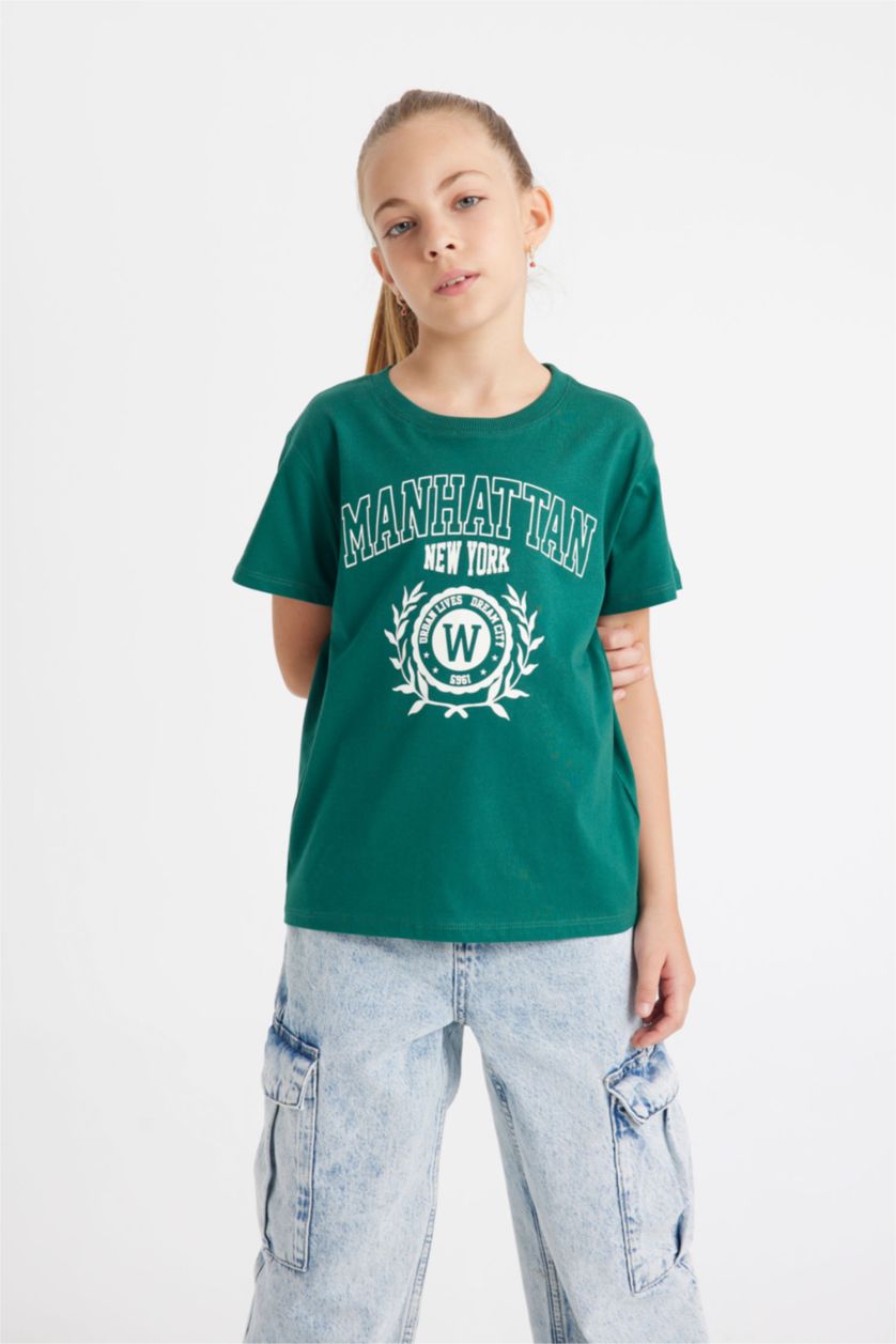 FILLES Vert Foncé T-Shirt Coupe Relax imprimé à Manches Courtes et Col Rond pour Fille