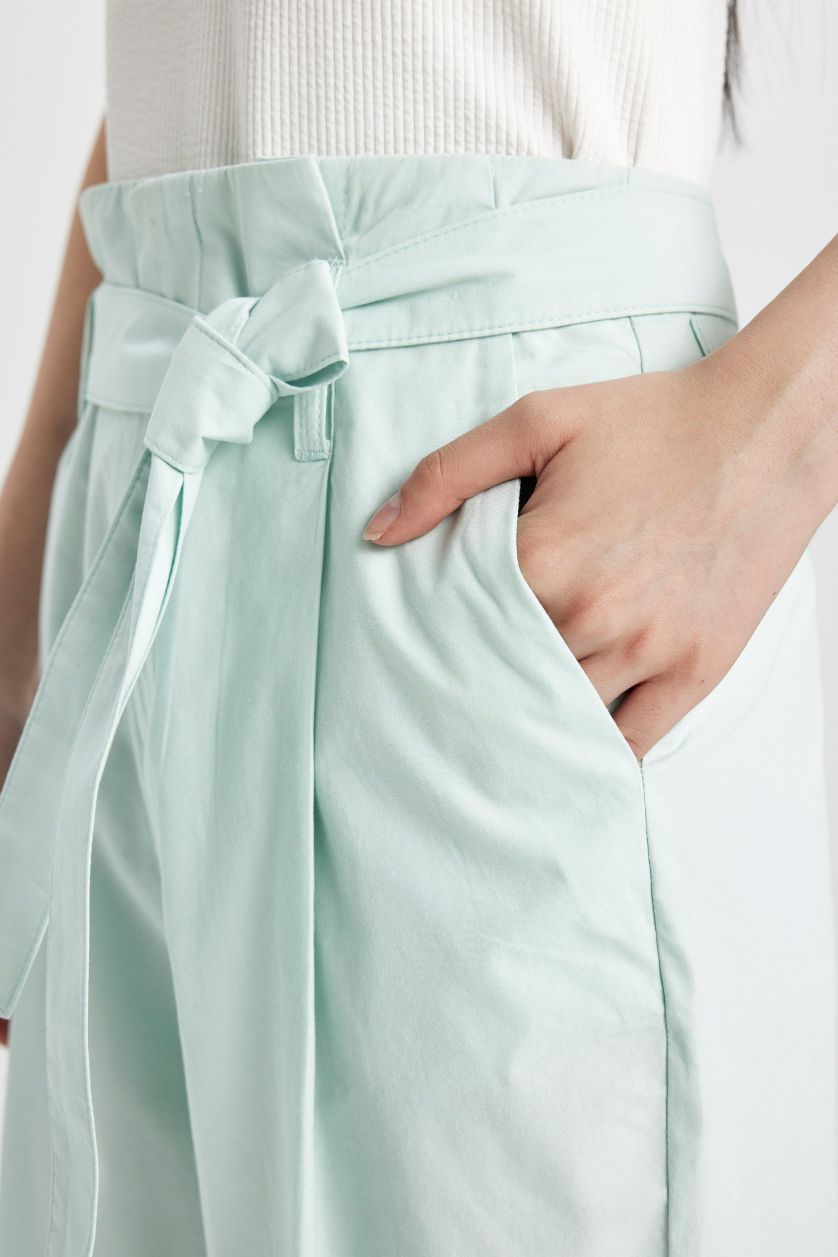 FEMME Bleu Pantalon Paperbag Court à Chevilles en Gabardine à Taille Haute avec poches