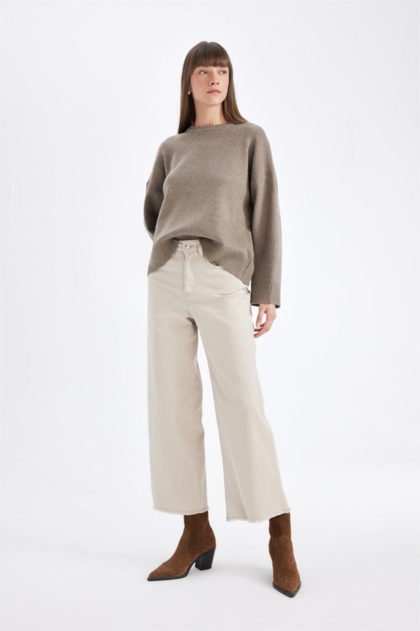 نساء بيج High Waist Culotte Fit Trousers