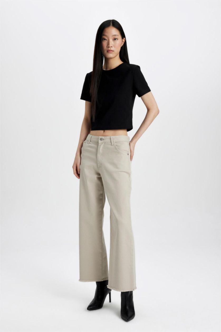 WOMAN Beige Culotte High Waist Wide Leg Gabardine Trousers