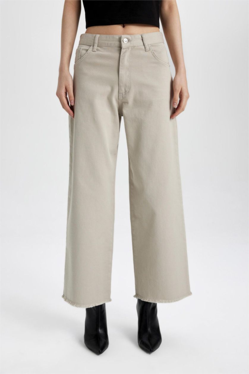 WOMAN Beige Culotte High Waist Wide Leg Gabardine Trousers