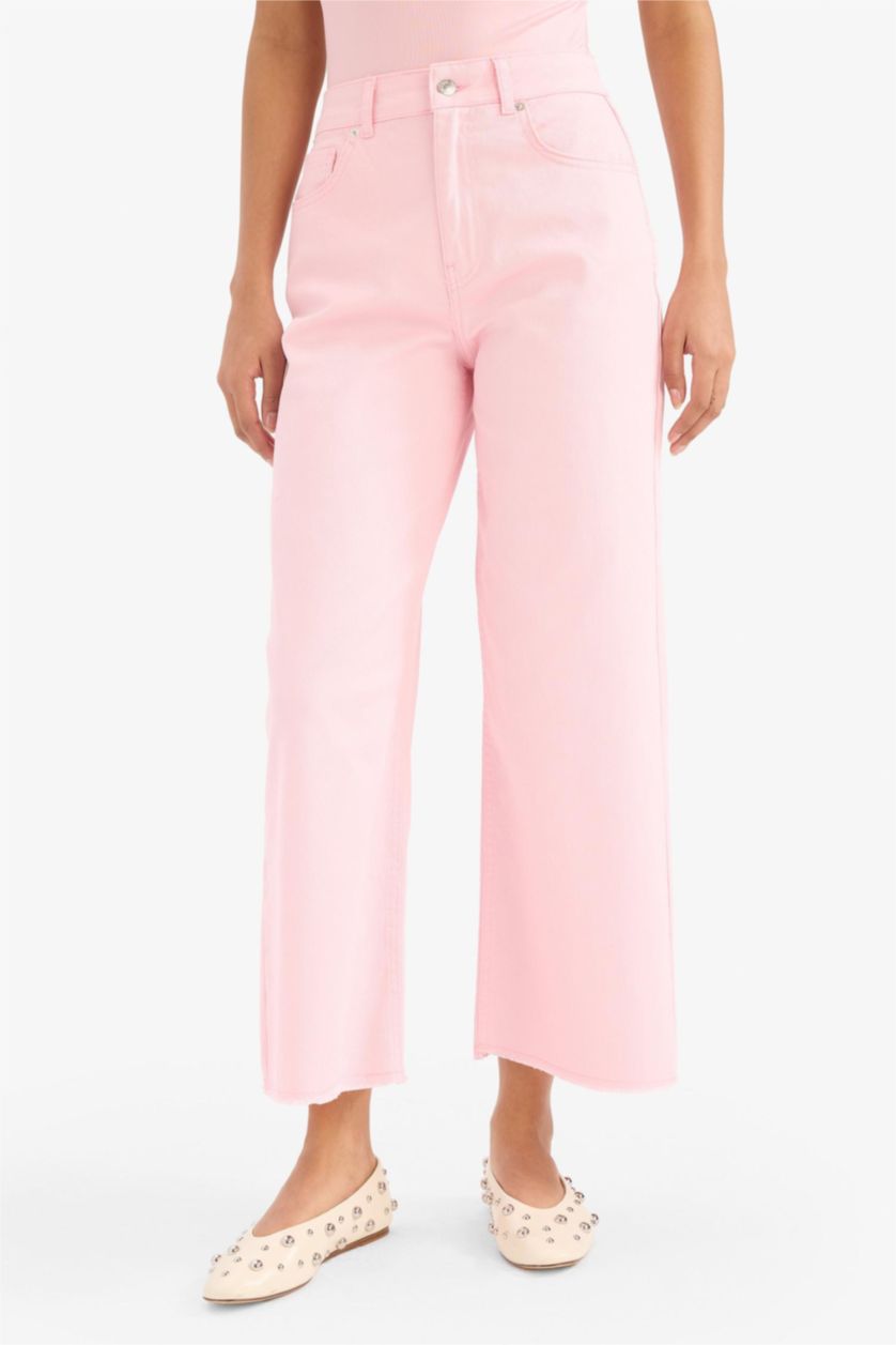 Kadın Pembe Culotte Gabardin Kumaş Pantolon Yüksek Bel Geniş Paça