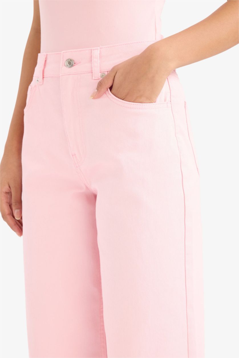 Kadın Pembe Culotte Gabardin Kumaş Pantolon Yüksek Bel Geniş Paça