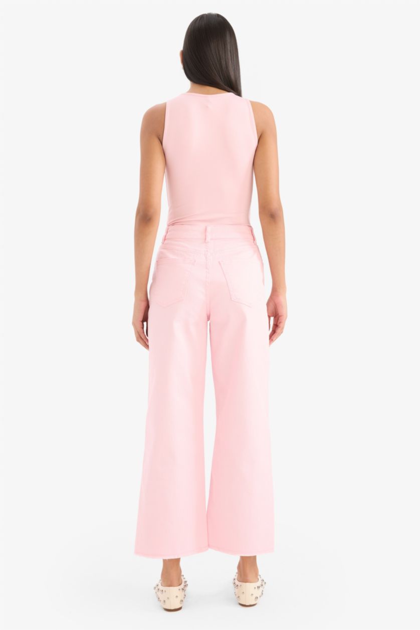 Kadın Pembe Culotte Gabardin Kumaş Pantolon Yüksek Bel Geniş Paça