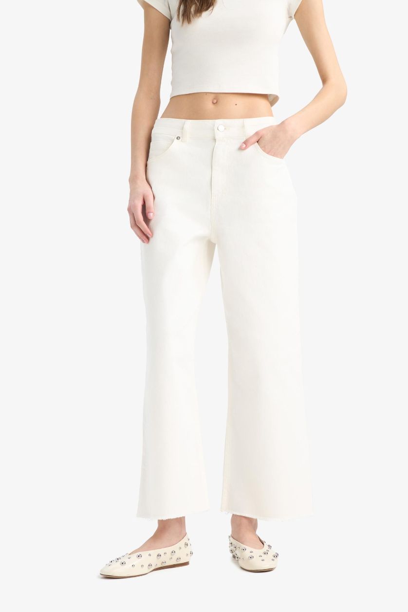 Kadın Kırık Beyaz Culotte Gabardin Kumaş Pantolon Yüksek Bel Basic Düz Cepli Geniş Bol Paça