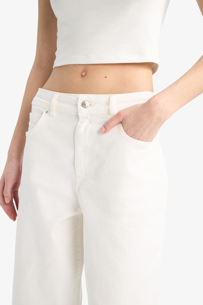 Kadın Kırık Beyaz Culotte Gabardin Kumaş Pantolon Yüksek Bel Basic Düz Cepli Geniş Bol Paça