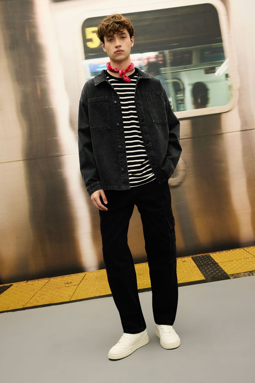 MAN Black Boy Black Boxy Fit Cotton Basic Denim Shirt Jacket