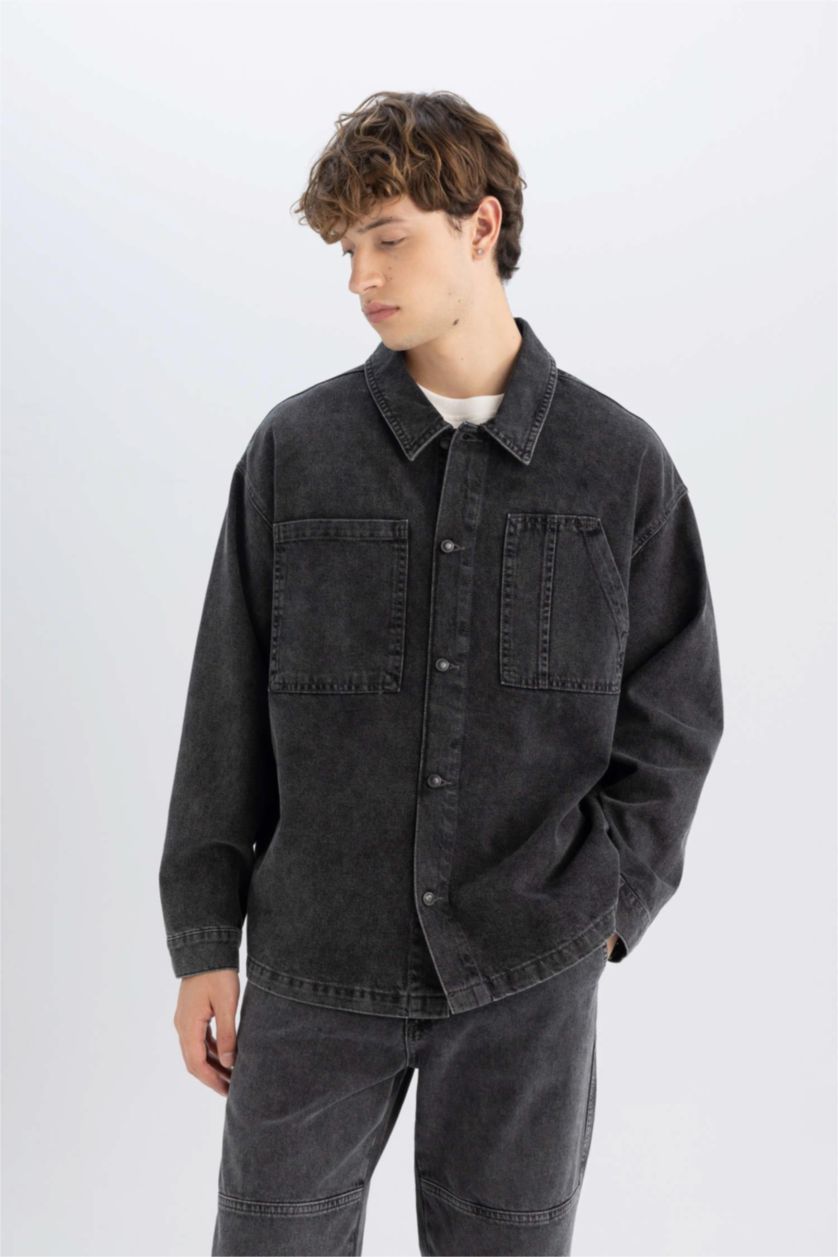 MAN Black Boy Black Boxy Fit Cotton Basic Denim Shirt Jacket