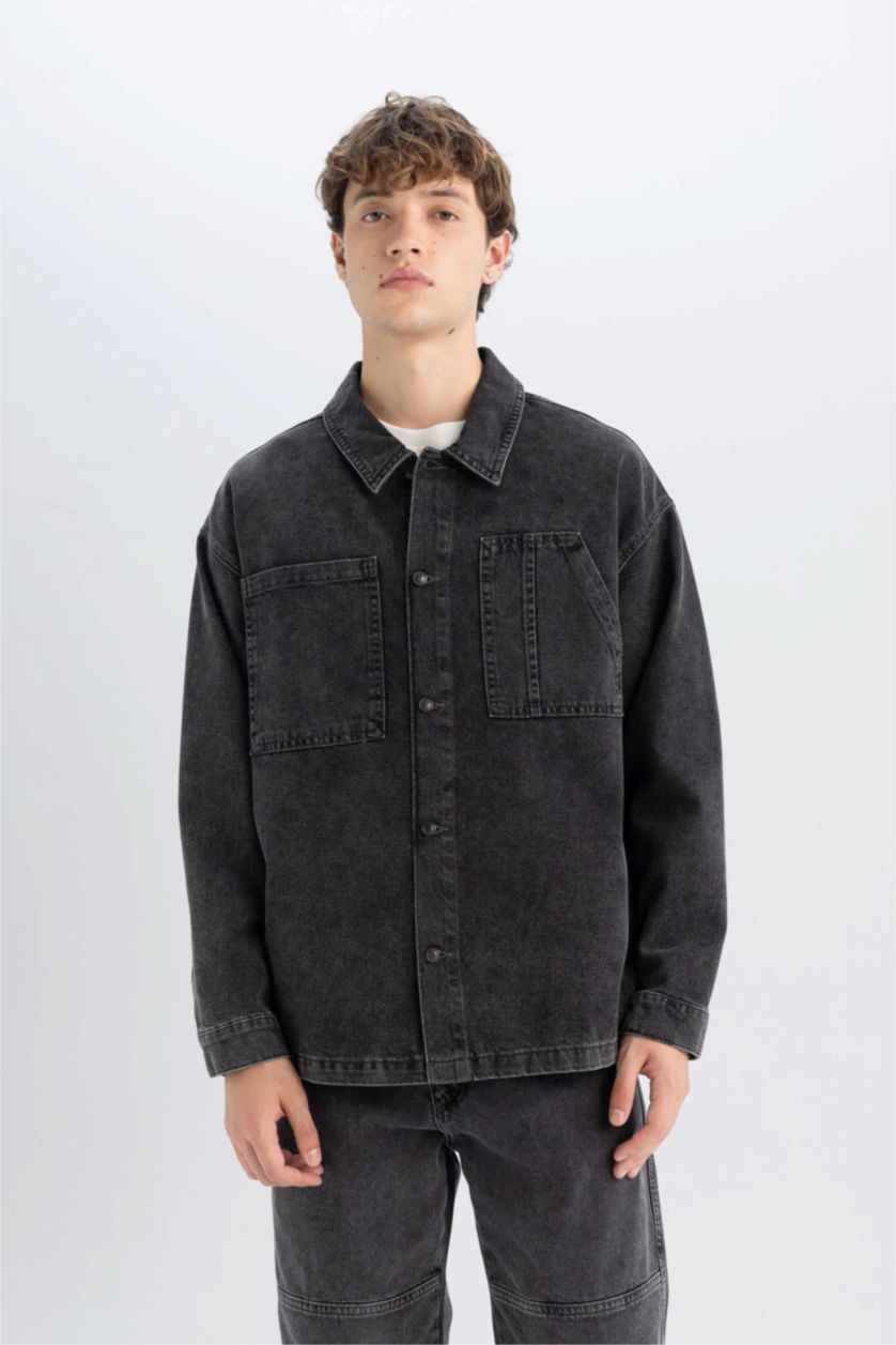 MAN Black Boy Black Boxy Fit Cotton Basic Denim Shirt Jacket