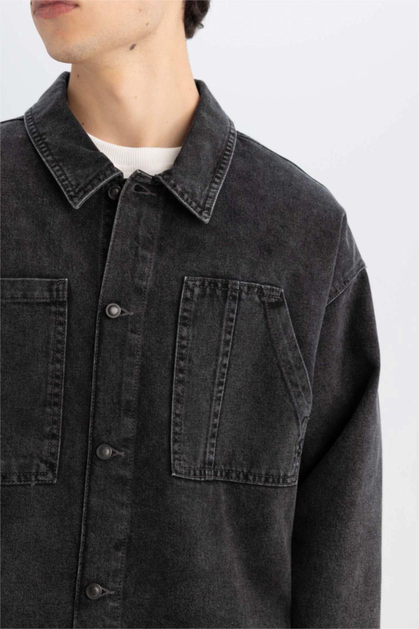 MAN Black Boy Black Boxy Fit Cotton Basic Denim Shirt Jacket