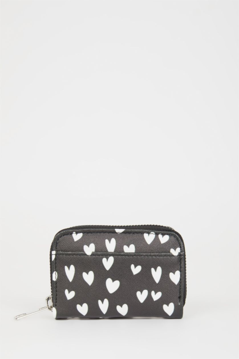 Kadın Siyah Kadın Kalp Desenli Bozuk Para Cüzdanı
