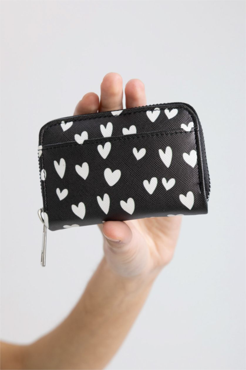 Kadın Siyah Kadın Kalp Desenli Bozuk Para Cüzdanı