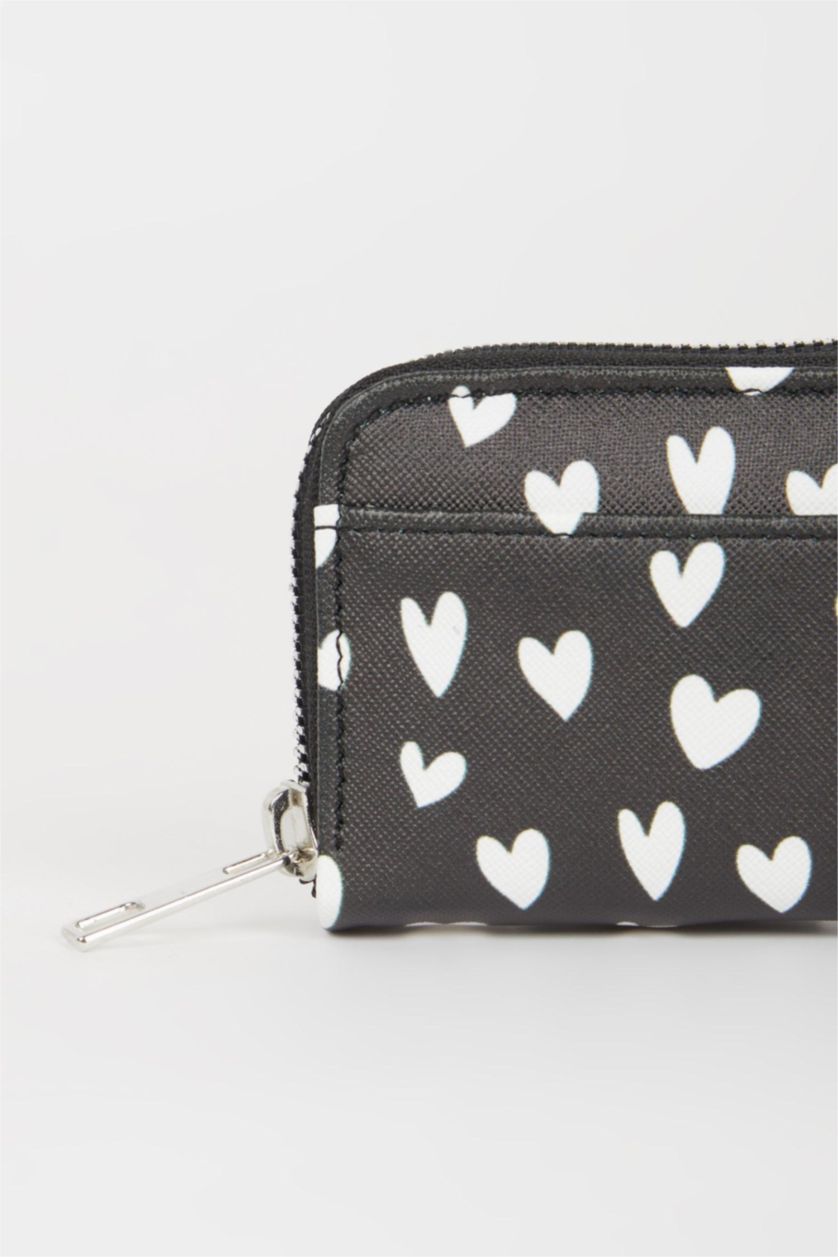 Kadın Siyah Kadın Kalp Desenli Bozuk Para Cüzdanı