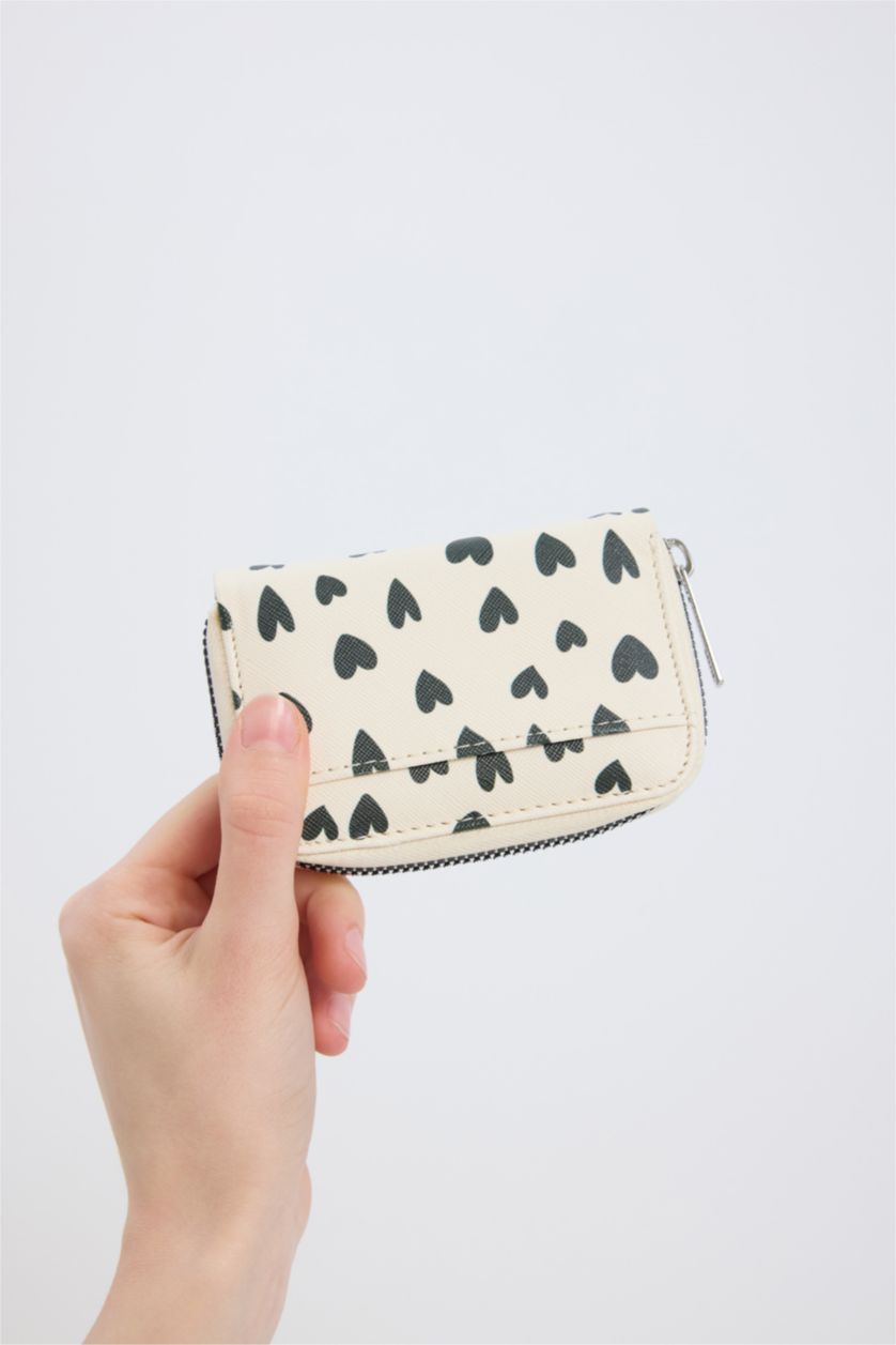 Kadın Beyaz Kadın Kalp Baskılı Bozuk Para Cüzdanı