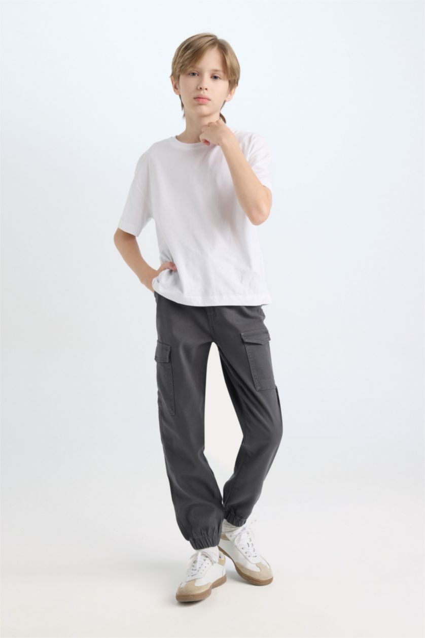 BOYS & TEENS Anthracite Boy Tied Waist Elastic Leg Gabardine Cargo Pants