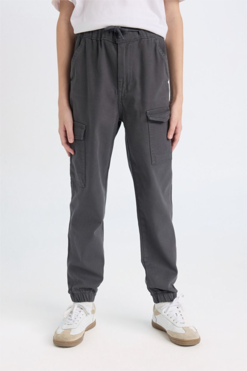 BOYS & TEENS Anthracite Boy Tied Waist Elastic Leg Gabardine Cargo Pants