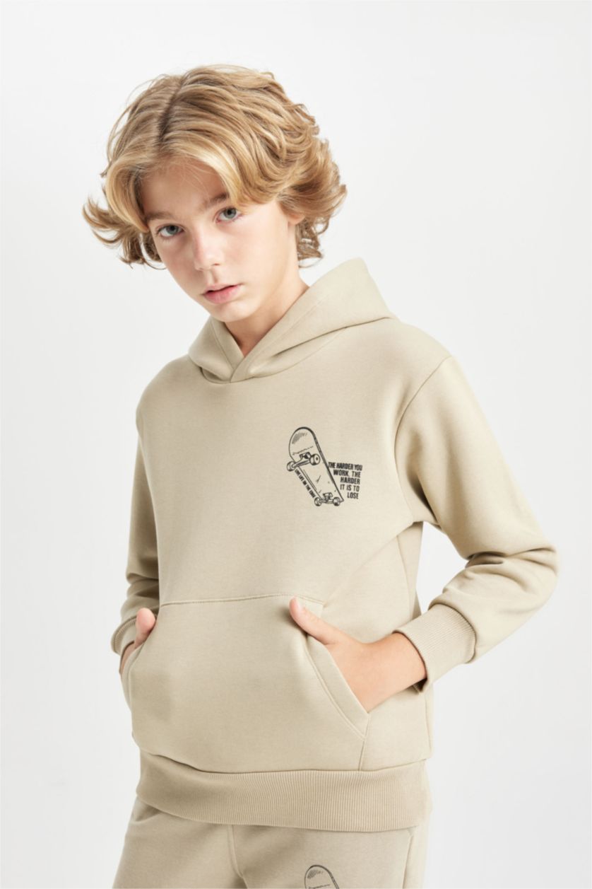 Erkek Çocuk - Genç Erkek Açık Vizon Erkek Çocuk Yazı Baskılı Cepli Kapüşonlu Okul Sweatshirt