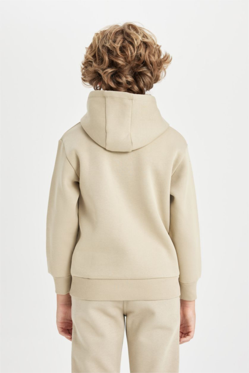 Erkek Çocuk - Genç Erkek Açık Vizon Erkek Çocuk Yazı Baskılı Cepli Kapüşonlu Okul Sweatshirt