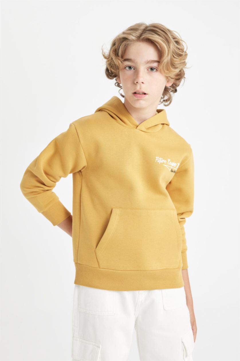 BOYS & TEENS Yellow Boy Printed Hooded Thick School Sweatshirt