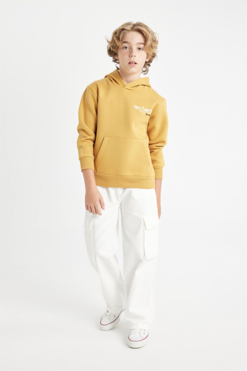 BOYS & TEENS Yellow Boy Printed Hooded Thick School Sweatshirt