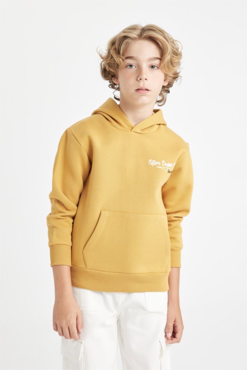 BOYS & TEENS Yellow Boy Printed Hooded Thick School Sweatshirt