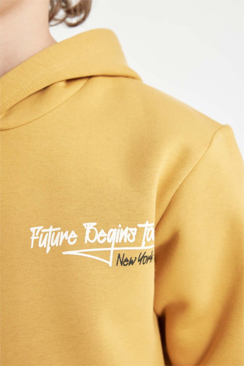 BOYS & TEENS Yellow Boy Printed Hooded Thick School Sweatshirt