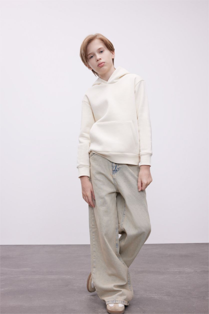 Erkek Çocuk - Genç Erkek Açık Taş Erkek Çocuk Cepli Kapüşonlu Okul Sweatshirt