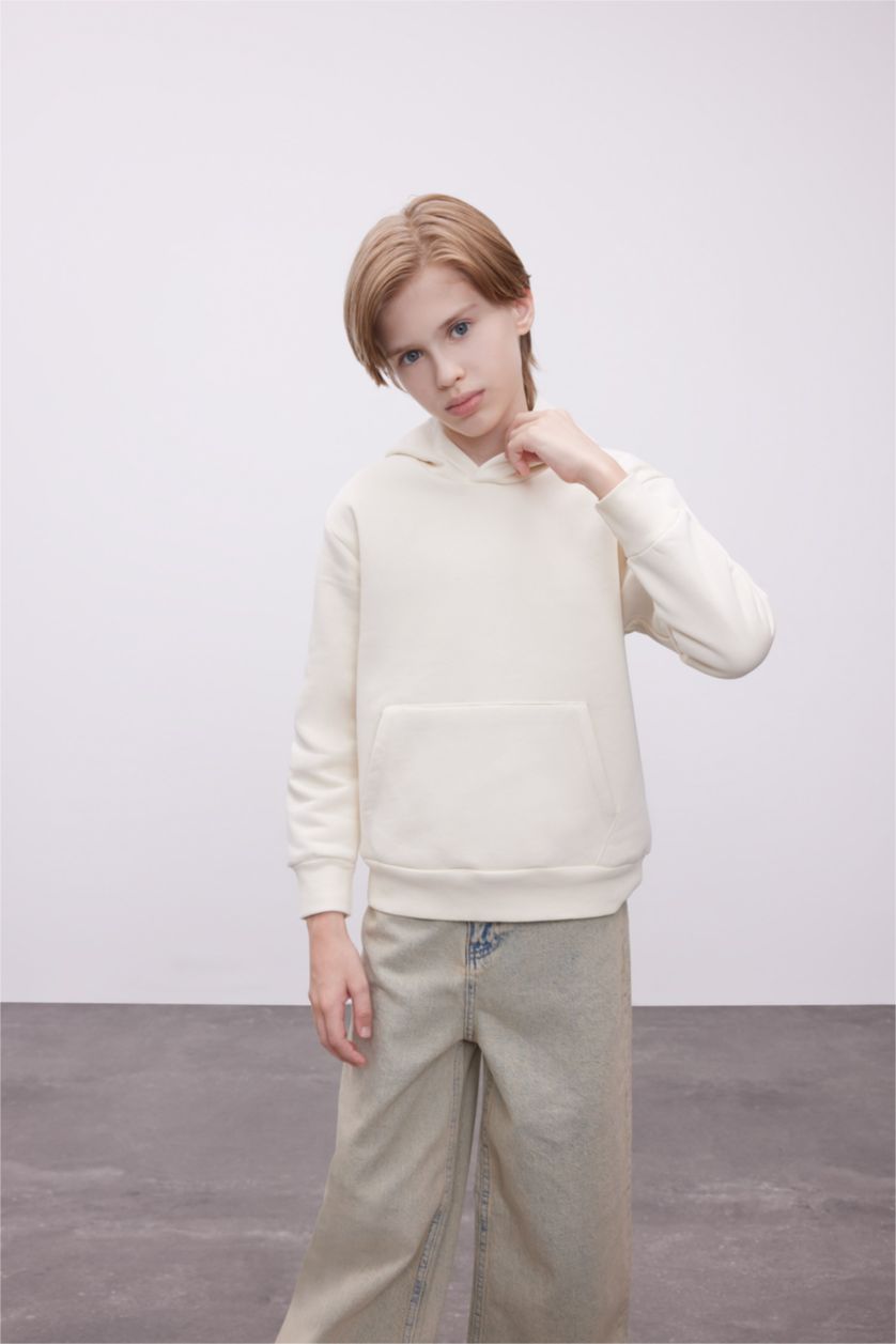 Erkek Çocuk - Genç Erkek Açık Taş Erkek Çocuk Cepli Kapüşonlu Okul Sweatshirt