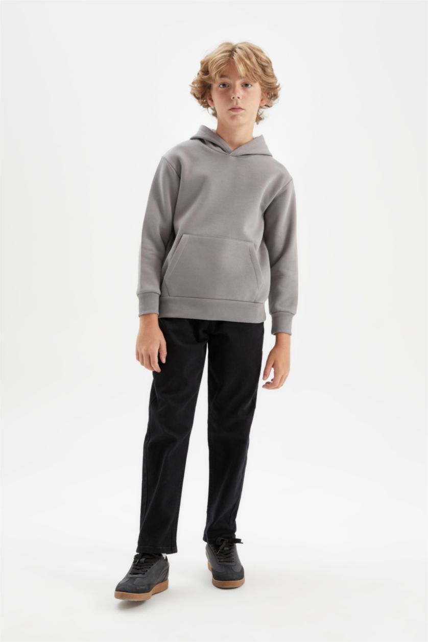 Erkek Çocuk - Genç Erkek Gri Erkek Çocuk Cepli Kapüşonlu Okul Sweatshirt