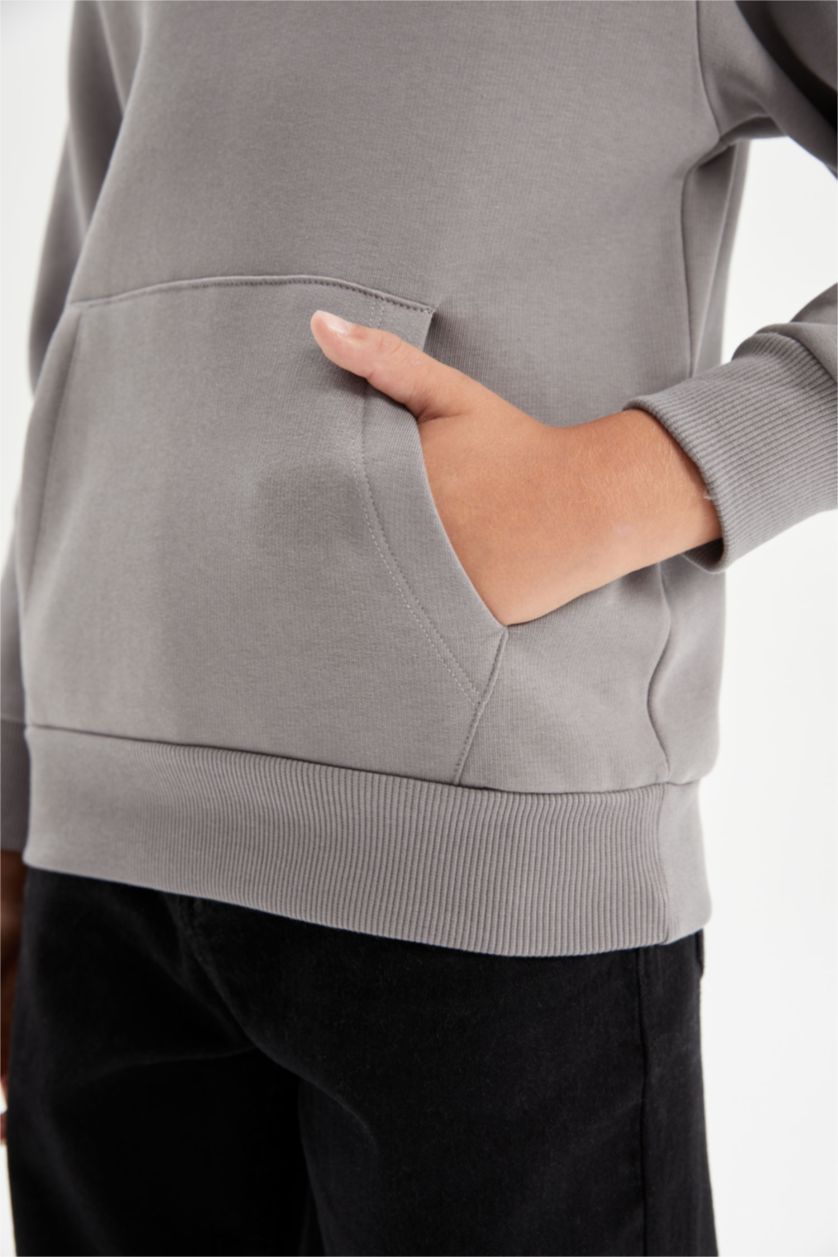 Erkek Çocuk - Genç Erkek Gri Erkek Çocuk Cepli Kapüşonlu Okul Sweatshirt