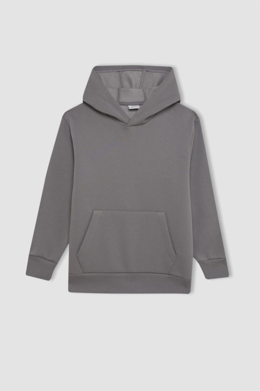 Erkek Çocuk - Genç Erkek Gri Erkek Çocuk Cepli Kapüşonlu Okul Sweatshirt