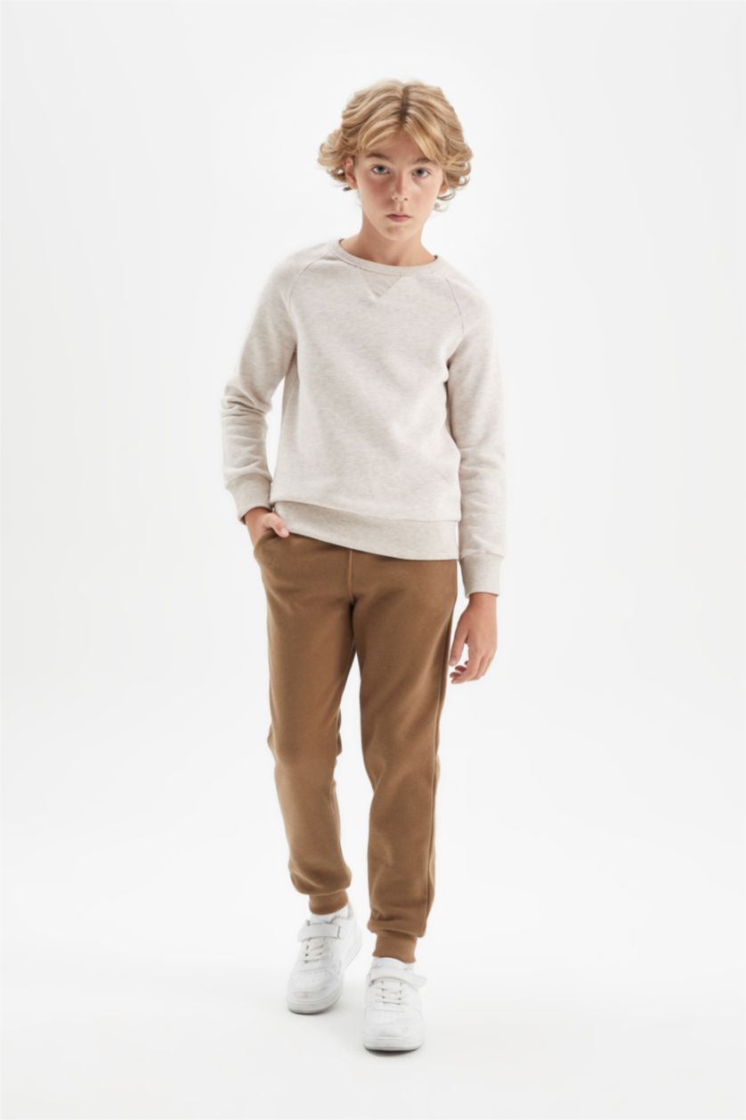 Erkek Çocuk - Genç Erkek Bej Melanj Erkek Çocuk Bej Bisiklet Yaka Basic Düz Okul Sweatshirt