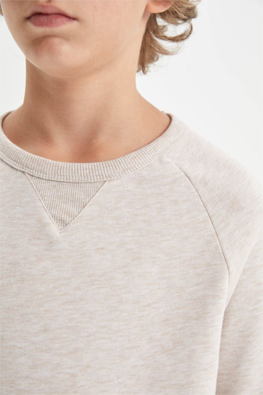 Erkek Çocuk - Genç Erkek Bej Melanj Erkek Çocuk Bej Bisiklet Yaka Basic Düz Okul Sweatshirt