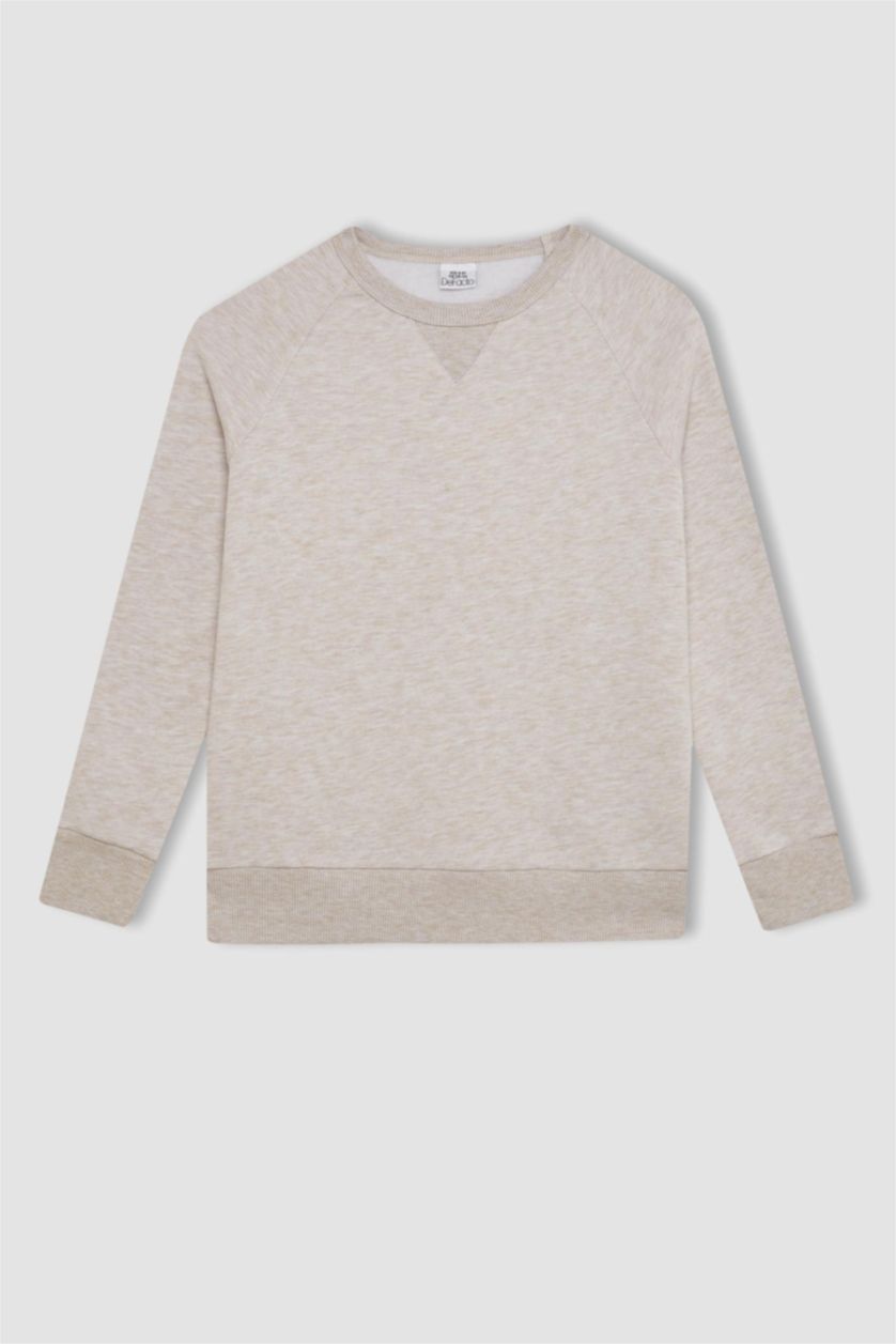 Erkek Çocuk - Genç Erkek Bej Melanj Erkek Çocuk Bej Bisiklet Yaka Basic Düz Okul Sweatshirt