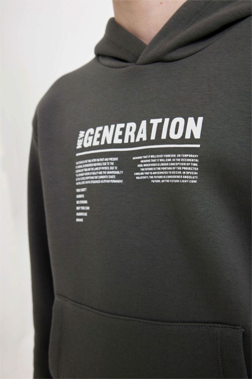 Erkek Çocuk - Genç Erkek Antrasit Erkek Çocuk Cepli Yazı Baskılı Kapüşonlu Okul Sweatshirt