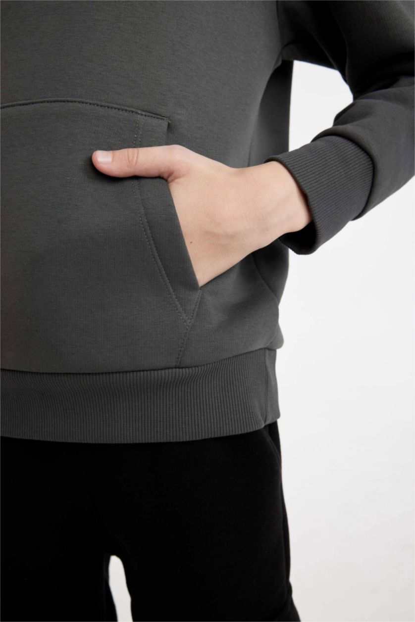 Erkek Çocuk - Genç Erkek Antrasit Erkek Çocuk Cepli Yazı Baskılı Kapüşonlu Okul Sweatshirt