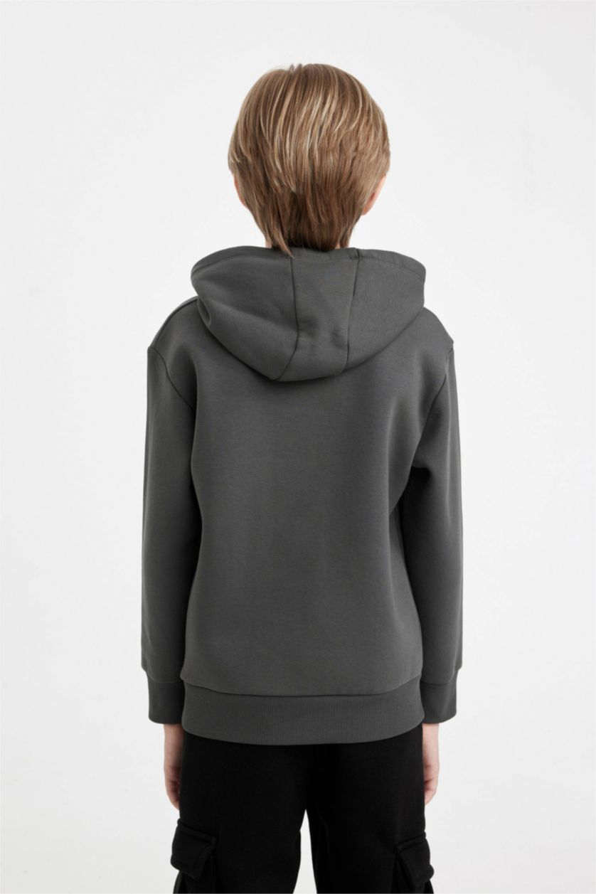 Erkek Çocuk - Genç Erkek Antrasit Erkek Çocuk Cepli Yazı Baskılı Kapüşonlu Okul Sweatshirt